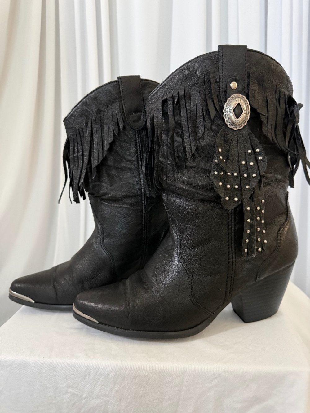 Dingo Black Leather Fringe Western Cowboy Boots Concho Vintage Size 8M
